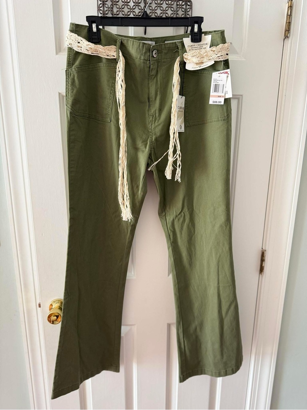 T.J.Maxx Hunter Green Wide-Leg Utility Pants with Cream Crochet Tie